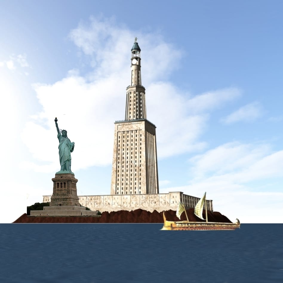A height comparison between the Statue of Liberty and the Lighthouse Of Pharos.